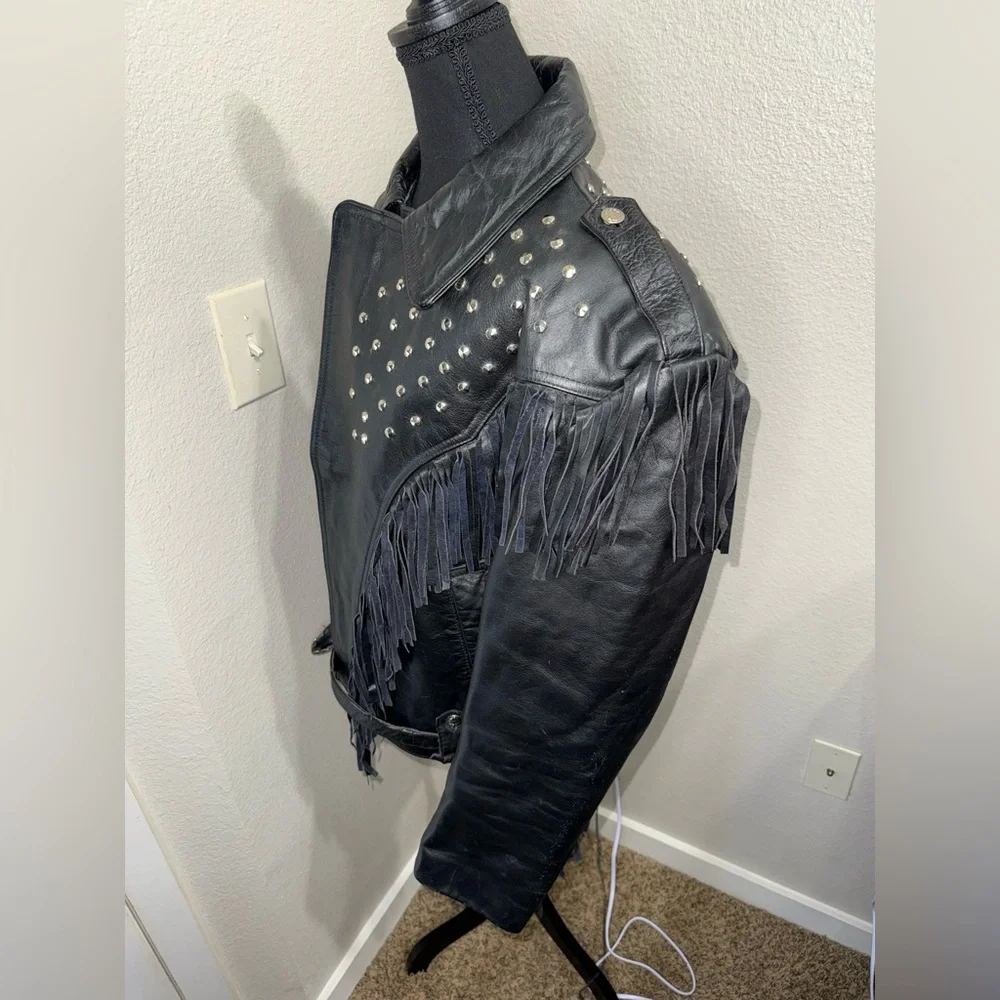 Vintage AMI London Fringe‎ Leather Jacket Studded Western Cowgirl Biker Rocker-L